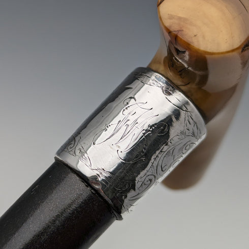 アンティーク 紳士用ステッキ ホーン クラッチハンドル ブラックシャフト 純銀装飾 90cm